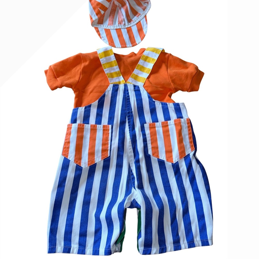 Vintage 90s Baby 3 Pc Set 0-6M Primary Colorful Striped Overalls Shirt Hat Car - Picture 2 of 8
